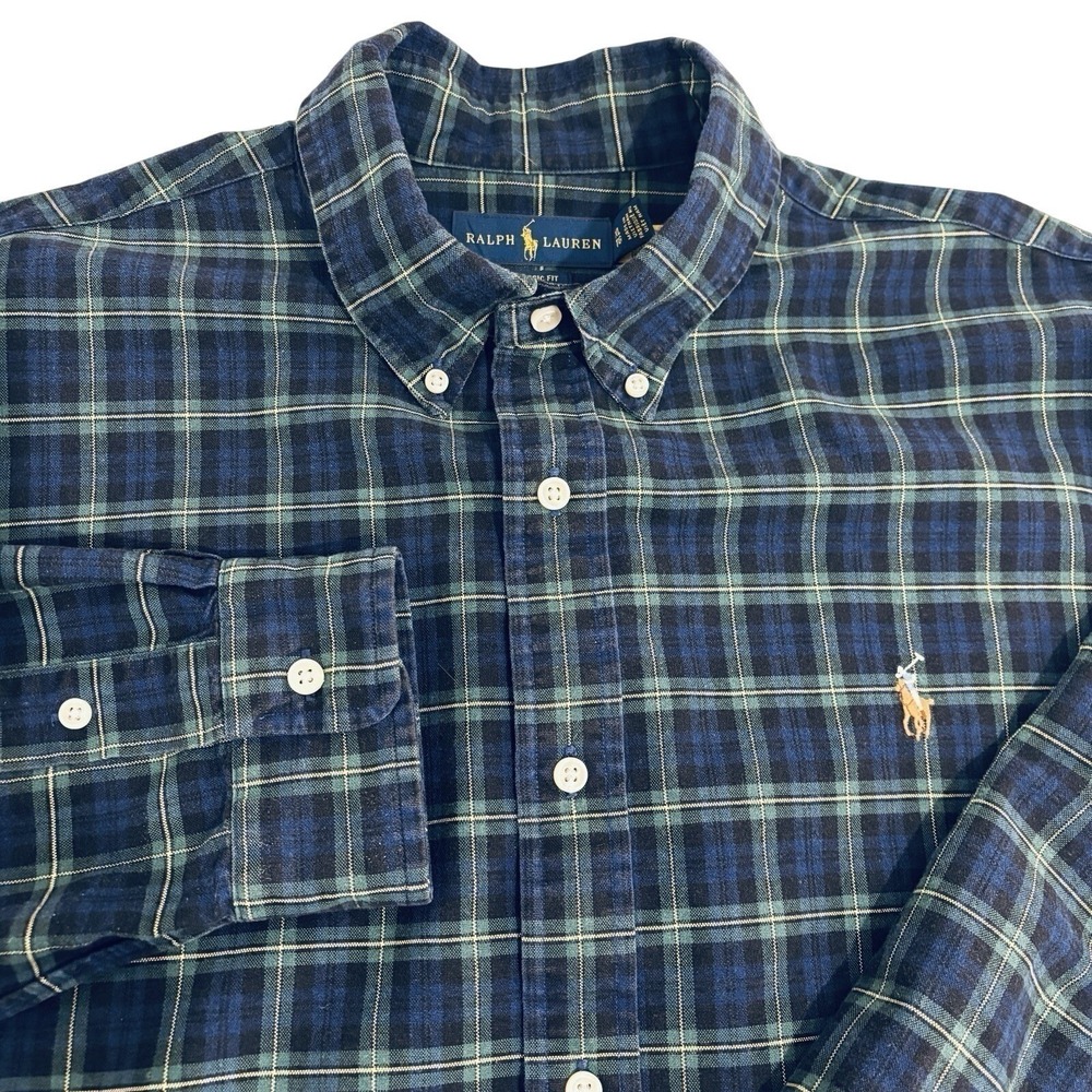 Ralph Lauren Plaid Button Down Shirt Mens XL Blue Green Classic Fit Long Sleeve